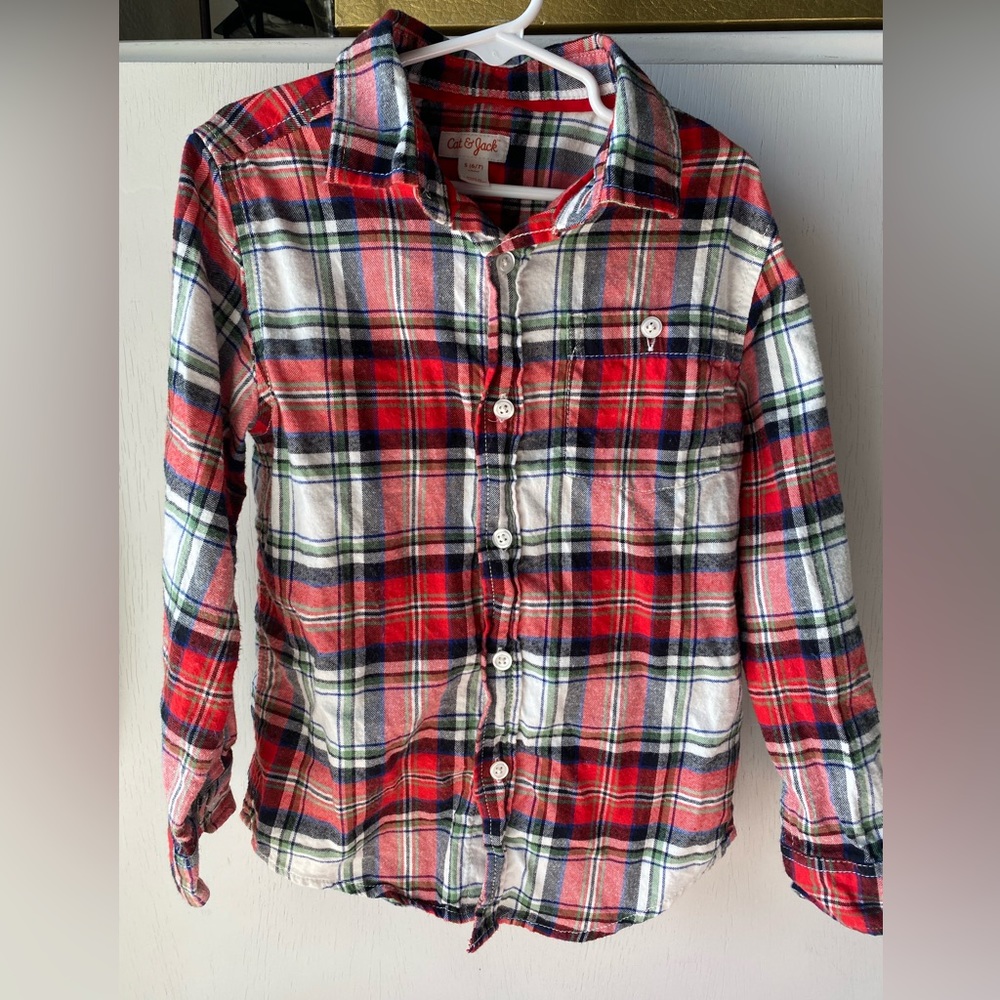 Youth flannel print button up. Red, green, blue. Size small